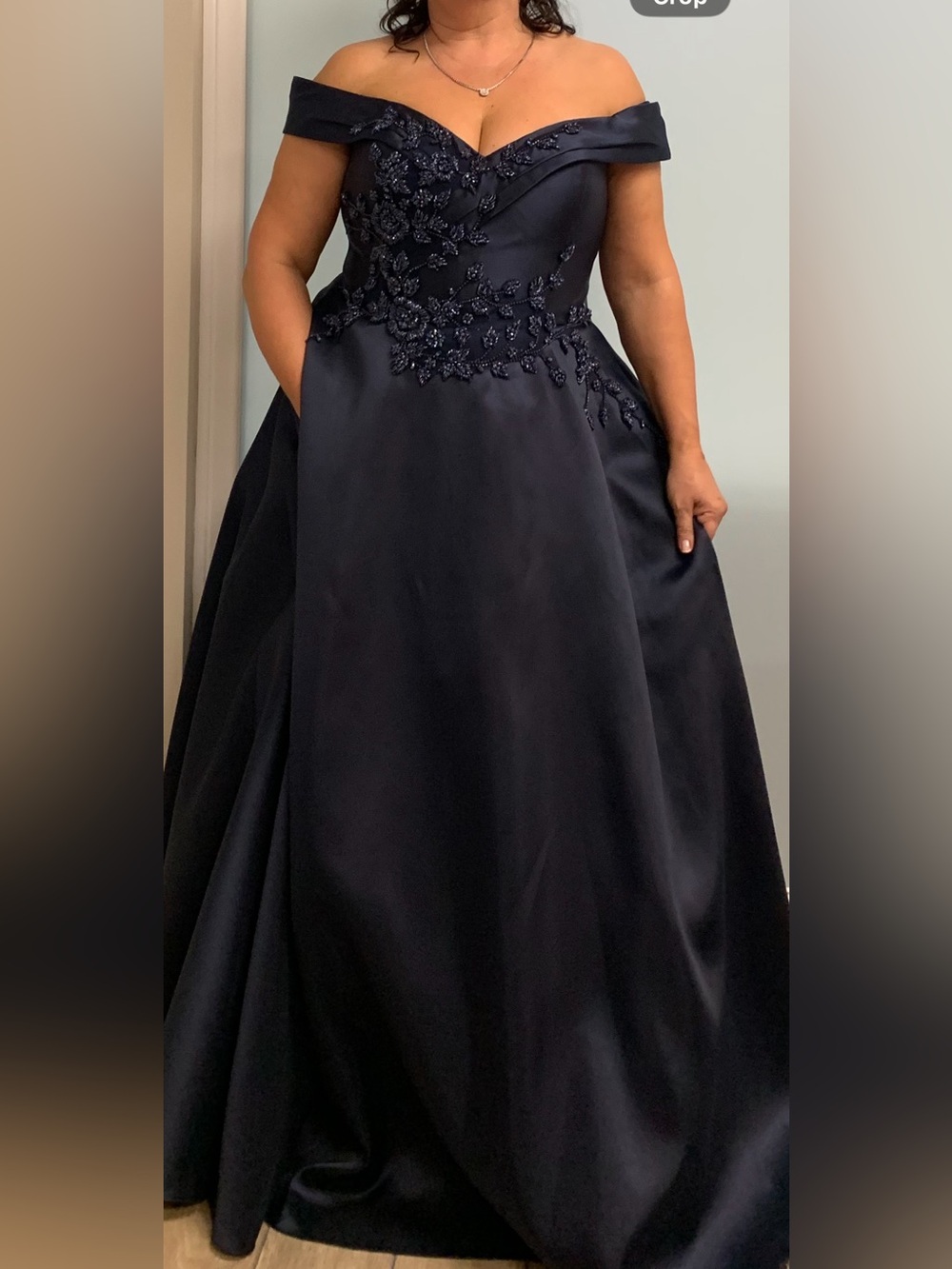 Marsoni Off-Shoulder Navy Embroidered Ball Gown Dress